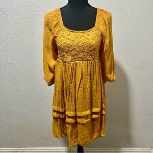 J Gee Elegant Mustard Lace Floral Print Quarter Sleeve Dress